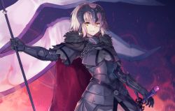 Rule 34 | 1girl, absurdres, ahoge, armor, blonde hair, breasts, fate/grand order, fate (series), flag, highres, holding, holding flag, hopepe, jeanne d&#039;arc (fate), jeanne d&#039;arc alter (avenger) (fate), jeanne d&#039;arc alter (fate), looking at viewer, medium breasts, parted lips, short hair, smile, solo, standing, sword, weapon, yellow eyes