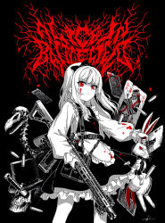 Rule 34 | 1girl, alice (alice in wonderland), alice in wonderland, apron, ar-15, black background, black dress, blood, blood on clothes, blood on face, card, dagger, dress, gun, highres, holding, knife, kws, looking at viewer, maid, maid apron, monochrome, optical sight, playing card, rabbit, red eyes, rifle, serious, shirt, skull, solo, weapon, white apron, white shirt