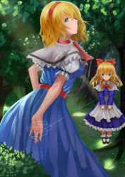 Rule 34 | 1girl, alice margatroid, blonde hair, blue eyes, bow, artistic error, forest, hair bow, hairband, highres, looking back, nature, outdoors, shanghai doll, solo, string, touhou, wenhe