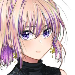 Rule 34 | 1girl, blonde hair, bukiyou na senpai, close-up, earrings, eyebrows hidden by hair, highres, jewelry, kannawa azusa, kudou makoto, looking at viewer, official art, portrait, purple eyes, solo, star (symbol), star earrings, white background