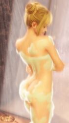 1girl 3d ass back blonde_hair butt_crack closed_eyes closed_mouth convenient_censoring dead_or_alive dead_or_alive_xtreme dead_or_alive_xtreme_venus_vacation game_cg hair_bun indoors marie_rose official_art showering soap soap_bubbles soap_censor standing