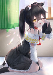Rule 34 | 1girl, animal ear fluff, animal ears, arm support, between legs, black dress, black hair, black socks, cat ears, cat girl, cat tail, collarbone, commentary request, curtains, day, dress, frilled dress, frills, gradient hair, hair between eyes, hand between legs, hand up, hashiko nowoto, highres, indoors, long sleeves, multicolored hair, no shoes, off-shoulder dress, off shoulder, one eye closed, open mouth, original, ribbed legwear, rubbing eyes, sleepy, socks, solo, sunlight, tail, twintails, waking up, white hair, wide sleeves, window, yellow eyes