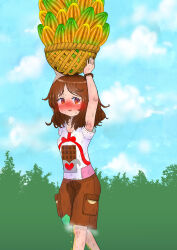 Rule 34 | 1girl, arms up, banana, basket, bead bracelet, beads, blush, bracelet, brown eyes, brown hair, brown shorts, cloud, embarrassed, feet out of frame, female focus, food, fruit, highres, holding, holding basket, jewelry, looking at viewer, medium hair, nokironokii, original, outdoors, parted lips, pee stain, peeing, peeing self, shorts, sky, standing, steam, sweat, tearing up, teeth, tree, upper teeth only, wet, wet clothes