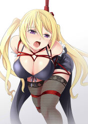 Rule 34 | 1girl, arms behind back, babydoll, bdsm, bent over, blonde hair, bondage, bound, breasts, choker, cleavage, collarbone, elbow gloves, gloves, hanging breasts, highres, large breasts, lieselotte sherlock, long hair, looking at viewer, low twintails, moaning, open mouth, purple eyes, shorts, solo, suspension, thighhighs, thong, tongue, trinity seven, twintails