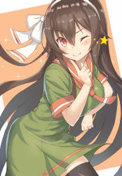 Rule 34 | .live, 1girl, ;), black thighhighs, blush, bow, breasts, brown hair, character request, closed mouth, commentary request, dress, fingernails, green dress, hair between eyes, hair bow, highres, index finger raised, jonsun, large breasts, long hair, looking at viewer, one eye closed, orange sailor collar, red eyes, sailor collar, sailor dress, short sleeves, smile, solo, sparkle, star (symbol), thighhighs, very long hair, virtual youtuber, white bow, yaezawa natori