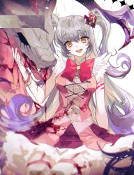 Rule 34 | 1girl, arm tattoo, blood, blood on clothes, bow, bowtie, bracelet, breasts, dragon, dress, fang, frilled skirt, frills, garter straps, hair ornament, heart, heart hair ornament, highres, jewelry, lobotomy corporation, long hair, looking at viewer, magical girl, medium breasts, pink bow, pink bowtie, pink dress, project moon, queen of hatred, remsrar, sidelocks, sitting, skirt, smile, solo, tattoo, two side up, very long hair, white background, wing print, yellow eyes