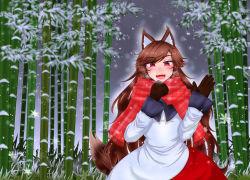 Rule 34 | 1girl, animal ear fluff, animal ears, bamboo, bamboo forest, blush, brown gloves, brown hair, brown tail, checkered clothes, checkered scarf, dress, fangs, forest, gloves, highres, imaizumi kagerou, knnet, long hair, looking at viewer, multicolored clothes, multicolored dress, nature, night, open mouth, outdoors, red dress, red eyes, red scarf, scarf, smile, snow, snowflakes, snowing, solo, tail, touhou, very long hair, waving, white dress, wolf ears, wolf girl, wolf tail
