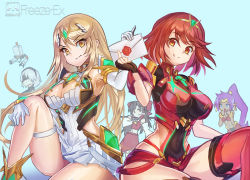 Rule 34 | 5girls, aegis sword (xenoblade), arabian clothes, ascot, bare legs, bare shoulders, black blindfold, black dress, black gloves, blindfold, blonde hair, borrowed character, bow, bracer, breasts, brown eyes, brown hair, chest jewel, cleavage, cleavage cutout, clothing cutout, crossover, dark-skinned female, dark skin, detached sleeves, dress, dual persona, earrings, elbow gloves, envelope, female focus, fingerless gloves, freeze-ex, gem, gloves, hair bow, hair tubes, hairband, hakurei reimu, harem pants, hat, headpiece, hoop earrings, jewelry, large breasts, legs, long hair, looking at another, looking at viewer, matching hair/eyes, mole, mole under mouth, multiple crossover, multiple girls, mythra (xenoblade), nier:automata, nier (series), nintendo, open mouth, pants, pod (nier:automata), pointy ears, pointy footwear, pyra (xenoblade), red eyes, red hair, red legwear, red shorts, ribbon, shantae, shantae (series), short dress, short hair, short shorts, shorts, smash invitation, smile, super smash bros., swept bangs, thigh strap, thighhighs, thighs, tiara, touhou, very long hair, white dress, white footwear, white gloves, white hair, xenoblade chronicles (series), xenoblade chronicles 2, yellow eyes, 2b (nier:automata)