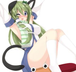 Rule 34 | 1girl, animal ears, armpits, arms up, blue eyes, blush, breasts, cat ears, cat tail, chimunge, detached sleeves, frog hair ornament, green hair, green panties, hair ornament, hat, kochiya sanae, large breasts, long hair, one eye closed, open mouth, panties, pyonta, scarf, simple background, snake hair ornament, socks, solo, striped clothes, striped scarf, tail, touhou, underwear, white background, white socks, wink