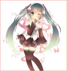 Rule 34 | 1girl, bad id, bad pixiv id, copyright name, detached sleeves, green eyes, green hair, grin, hatsune miku, highres, long hair, matching hair/eyes, nail polish, necktie, one eye closed, skirt, smile, solo, thighhighs, twintails, ushiroyuri, very long hair, vocaloid, wink