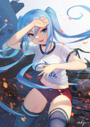 Rule 34 | 1girl, :d, absurdres, aoki hagane no arpeggio, arm up, arpeggio kaga, black choker, black thighhighs, blouse, blue eyes, blue hair, breasts, choker, gluteal fold, hair between eyes, highres, long hair, looking at viewer, medium breasts, micro shorts, midriff, mole, mole under mouth, navel, open mouth, red shorts, resolution mismatch, shirt, short shorts, short sleeves, shorts, smile, solo, source smaller, takao (aoki hagane no arpeggio), thighhighs, thighs, twintails, v-shaped eyebrows, white shirt