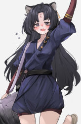 Rule 34 | 1girl, :d, animal ears, arknights, arm up, bag, bare legs, black hair, blue eyes, blue kimono, blush, breasts, carrying bag, facial mark, forehead mark, highres, japanese clothes, kari90909, kimono, long hair, looking at viewer, open mouth, purple eyes, saga (arknights), sandals, shoulder bag, slit pupils, small breasts, smile, solo, standing, standing on one leg, very long hair, waving arm