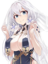 Rule 34 | 1girl, azur lane, beisaku bei, blue eyes, breast curtains, breasts, china dress, chinese clothes, cosplay, dress, highres, illustrious (azur lane), large breasts, long hair, looking at viewer, official alternate costume, simple background, sirius (azur lane), sirius (azur lane) (cosplay), sirius (azure horizons) (azur lane), smile, veil, white background, white hair