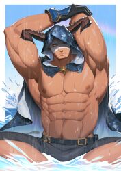 Rule 34 | 1boy, abs, absurdres, armpits, bandaged head, bandages, bara, belt, black belt, black gloves, black male swimwear, blue cape, cape, closed mouth, draph, gloves, granblue fantasy, highres, horns, large pectorals, male focus, male swimwear, muscular, muscular male, navel, nipples, official alternate costume, one eye closed, pectorals, solo, splashing, topless male, vaseraga, vaseraga (summer) (granblue fantasy), water, zhuganchangjiadan