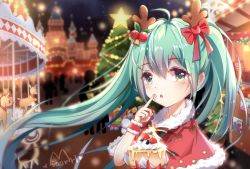 Rule 34 | 1girl, ahoge, antlers, bell, bow, capelet, carousel, castle, chinese commentary, christmas, christmas ornaments, christmas tree, commentary, cream, fingernails, food, fruit, fur-trimmed capelet, fur trim, green eyes, green hair, hair bow, hatsune miku, heart, holding, holding food, horns, long hair, market stall, miaorh, night, night sky, outdoors, red bow, red capelet, signature, silhouette, sky, solo, star (sky), star (symbol), starry sky, strawberry, twintails, upper body, very long hair, vocaloid, wrist cuffs