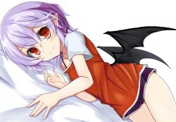 Rule 34 | 1girl, akisome hatsuka, bare arms, bat wings, bed sheet, closed mouth, dolphin shorts, hair between eyes, light purple hair, looking at viewer, lying, micro shorts, on side, pointy ears, red eyes, remilia scarlet, shirt, shorts, smile, solo, touhou, wings