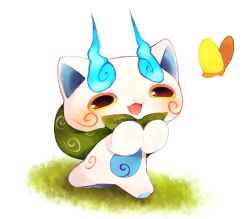 Rule 34 | 10s, bug, butterfly, cheek swirl, furoshiki, grass, highres, insect, komasan, makoto (konbumi), no humans, open mouth, running, simple background, solo, traditional youkai, white background, youkai watch