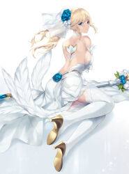 Rule 34 | 1girl, ass, back, backless dress, backless outfit, bare shoulders, blonde hair, blue eyes, boots, breasts, bridal veil, cait aron, choker, commentary, crystal rose lux, dress, english commentary, high heel boots, high heels, highres, large breasts, league of legends, long hair, lux (league of legends), ponytail, sideboob, sidelocks, solo, thighhighs, veil, white choker, white dress, white footwear