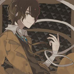 Rule 34 | 1boy, bandaged arm, bandaged neck, bandages, black background, border, brown border, brown coat, brown eyes, brown hair, brown vest, bungou stray dogs, coat, dazai osamu (bungou stray dogs), facing to the side, hair over one eye, long sleeves, looking at viewer, lowres, male focus, miwasiba, one eye covered, shirt, smile, solo, vest, white shirt