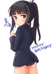 Rule 34 | 1girl, a9b (louis814), ass, birthday, black eyes, black hair, dated, from behind, frown, hair ribbon, happy birthday, hattori shizuka, long hair, looking at viewer, looking back, ponytail, ribbon, sad, simple background, solo, strike witches, swimsuit, swimsuit under clothes, tears, uniform, white background, world witches series