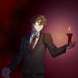 Rule 34 | 1boy, black jacket, black pants, brown eyes, brown hair, candle, chinese commentary, chuanlinanjiana, collared shirt, commentary request, cowboy shot, fire, formal, hair between eyes, highres, jabuchi you, jacket, long sleeves, male focus, necktie, pants, red background, red necktie, saibou shinkyoku, shirt, solo, suit, white shirt