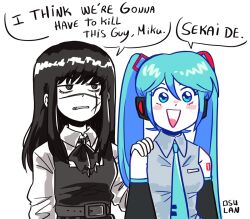 Rule 34 | 2girls, aqua eyes, aqua hair, aqua necktie, artist name, black hair, black sleeves, chainsaw man, collared shirt, cross scar, crossover, detached sleeves, dress, english text, facial scar, fourth east high school uniform, grey shirt, hair ornament, hand on another&#039;s shoulder, hatsune miku, i think we&#039;re gonna have to kill this guy steven (meme), long hair, long sleeves, meme, multiple girls, necktie, open mouth, osulan, pinafore dress, scar, scar on cheek, scar on face, school uniform, shirt, simple background, sleeveless, sleeveless dress, sleeveless shirt, smile, speech bubble, twintails, upper body, vocaloid, white background, white shirt, world is mine (vocaloid), yoru (chainsaw man)