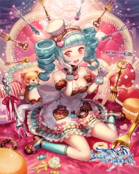 Rule 34 | 1girl, aqua hair, aqua socks, breasts, candy, cleavage, copyright name, cushion, detached collar, detached sleeves, dress, drill hair, food, fork, frilled sleeves, frills, full body, gloves, hairband, hand on own cheek, hand on own face, heart, holding, holding food, kneehighs, light particles, lolita hairband, lollipop, macaron, red eyes, shoes, short sleeves, sitting, sleeveless, sleeveless dress, socks, solo, soul of crystal, stuffed animal, stuffed toy, teddy bear, terai (teraimorimori), twin drills, wariza, white dress, white gloves, wrapped candy