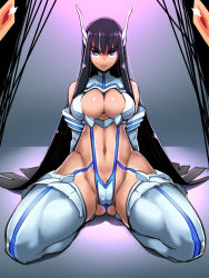 Rule 34 | 10s, 1girl, angry, arms behind back, bare shoulders, black hair, blue eyes, breasts, cameltoe, cleavage, cleavage cutout, clothing cutout, curvy, detached sleeves, female focus, frown, hair ornament, hobby (kento), huge breasts, junketsu, kill la kill, kiryuuin satsuki, kneeling, long hair, navel, seiza, sitting, solo, spread legs, thick thighs, thighhighs, thighs, very long hair, wide hips
