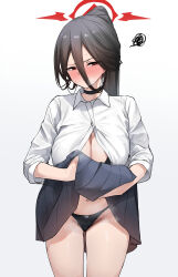Rule 34 | 1girl, absurdres, alternate costume, amondo, black bra, black choker, black hair, black panties, black skirt, blue archive, blush, bra, breasts, choker, cleavage, clothes lift, cowboy shot, full-face blush, groin, hair between eyes, hasumi (blue archive), highres, large breasts, looking at viewer, mole, mole under eye, panties, partially unbuttoned, ponytail, red eyes, shirt, simple background, skirt, skirt lift, solo, squiggle, steam, steaming body, sweatdrop, underwear, white background, white shirt