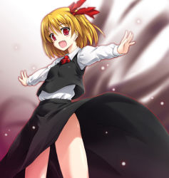 Rule 34 | 1girl, blonde hair, embodiment of scarlet devil, fang, female focus, hair ribbon, kusakami akira, necktie, outstretched arms, red eyes, ribbon, rumia, short hair, solo, spread arms, touhou