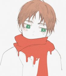 Rule 34 | 1boy, aged down, blush, brown hair, child, covered mouth, crying, eren yeager, green eyes, highres, hu (saimens), lying, male focus, on back, partially colored, red scarf, scarf, shingeki no kyojin, short hair, sideways glance, solo, upper body