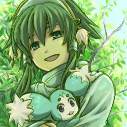 Rule 34 | 00s, 1boy, blue eyes, creature, green background, green eyes, green hair, green theme, hair tubes, ion (tales), lowres, male focus, matching hair/eyes, mieu (tales), smile, solo, tales of (series), tales of the abyss