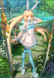 Rule 34 | 1girl, ahoge, animal ears, artoria caster (fate), artoria caster (swimsuit) (fate), artoria caster (swimsuit) (second ascension) (fate), artoria pendragon (fate), bare shoulders, blue dress, boots, bracelet, closed mouth, dress, fate/grand order, fate (series), flower, grass, green eyes, jewelry, looking at viewer, maid, official art, purple flower, rabbit ears, striped clothes, striped thighhighs, sword, takeuchi takashi, thighhighs, tree, twintails, vertical-striped clothes, vertical-striped thighhighs, weapon, white flower, white footwear, yellow flower
