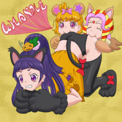 Rule 34 | 3girls, all fours, animal hands, ass biting, biting, black panties, character request, clenched teeth, clothes lift, cosplay, dress, dress lift, fff threesome, full body, gloves, group sex, halloween costume, hashdurbaru, high ponytail, izayoi liko, mahou girls precure!, multiple girls, nemes, panties, paw gloves, precure, purple eyes, purple hair, runes, sphinx, sphinx (cosplay), tagme, teeth, threesome, underwear, yuri