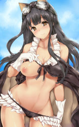 Rule 34 | 10s, 1girl, animal ears, bikini, bikini pull, bikini top lift, black bikini, black hair, blush, breast slip, breasts, cape, cat ears, clothes lift, clothes pull, day, eyebrows, frilled bikini, frills, front-tie top, gloves, goggles, goggles on head, granblue fantasy, heart, heart-shaped pupils, jessica (granblue fantasy), large breasts, lifted by self, long hair, looking at viewer, naha78, nipples, one breast out, shirt lift, sky, smile, solo, swimsuit, symbol-shaped pupils, white gloves