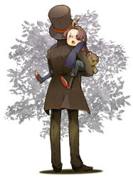 Rule 34 | 2boys, :o, aged down, ahoge, alfendi layton, alternate costume, alternate eye color, alternate hairstyle, bad id, bad pixiv id, black eyes, blush, carrying, child, child carry, father and son, from behind, hand on another&#039;s shoulder, hat, hershel layton, layton brothers: mystery room, long sleeves, male focus, multiple boys, open mouth, pants, parted bangs, professor layton, rakko (16 44), sleeves past wrists, stuffed animal, stuffed toy, teddy bear, top hat, wavy hair, white background