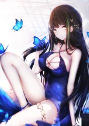 Rule 34 | 1girl, animal, animal on hand, bare arms, bare shoulders, black hair, blue butterfly, blue dress, blue gloves, breasts, brown eyes, bug, butterfly, butterfly on hand, cleavage, closed mouth, commentary request, criss-cross halter, dress, girls&#039; frontline, gloves, green hair, hair ornament, half gloves, halterneck, highres, insect, knee up, large breasts, long hair, m4a1 (girls&#039; frontline), m4a1 (suspender of time) (girls&#039; frontline), multicolored hair, nekoya (liu), official alternate costume, resolution mismatch, sitting, solo, source larger, streaked hair, very long hair