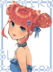 Rule 34 | 1girl, animal ears, bare shoulders, blue bow, blue choker, blue dress, blue eyes, blunt bangs, bow, cat ears, character name, choker, closed mouth, commentary, double bun, dress, english commentary, eyelashes, eyeshadow, frilled dress, frills, from side, hair bow, hair bun, hair ornament, hairclip, highres, ibispaint (medium), lipstick, looking at viewer, makeup, original, pink eyeshadow, pink hair, pink lips, short hair, simple background, smile, solo, strapless, strapless dress, striped choker, suna--chan, upper body, vertical-striped choker, white background