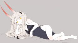 Rule 34 | 1girl, bare arms, bare legs, bare shoulders, barefoot, blunt bangs, blush, braid, breasts, commentary request, full body, grey background, head rest, horns, looking at viewer, nightgown, no panties, oni, original, orochi (yagi), pale skin, pointy ears, silver hair, simple background, skin-covered horns, small breasts, smile, solo, thick eyebrows, yagi (ningen), yellow eyes