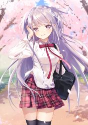 Rule 34 | 1girl, bag, black thighhighs, blue sky, blurry, breasts, buttons, cherry blossoms, closed mouth, collared shirt, commentary request, cowboy shot, day, depth of field, hair ribbon, hand up, head tilt, highres, holding, long hair, long sleeves, looking at viewer, medium breasts, midriff peek, moe2019, mole, mole under eye, neck ribbon, original, outdoors, path, plaid, plaid skirt, pleated skirt, purple eyes, red ribbon, red skirt, ribbon, road, school bag, school uniform, shirt, sidelocks, silver hair, skirt, sky, smile, solo, standing, sunlight, thighhighs, tree, tree shade, two side up, urata asao, very long hair, white ribbon, white shirt, zettai ryouiki