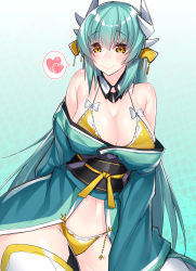 Rule 34 | 1girl, absurdres, aqua hair, bikini, blush, breasts, cleavage, fate/grand order, fate (series), hair ornament, heart, highres, horns, japanese clothes, kimono, kiyohime (fate), kiyohime (fate/grand order), kiyohime (swimsuit lancer) (fate), kiyohime (swimsuit lancer) (first ascension) (fate), large breasts, long hair, navel, off shoulder, smile, solo, spoken heart, swimsuit, watosu (watosu mama), yellow bikini, yellow eyes