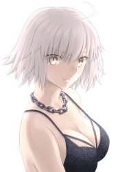 Rule 34 | 1girl, ahoge, bare shoulders, breasts, chain, cleavage, closed mouth, collarbone, fate/grand order, fate (series), fumika asano, highres, jeanne d&#039;arc (fate), jeanne d&#039;arc alter (avenger) (fate), jeanne d&#039;arc alter (fate), long hair, looking at viewer, medium breasts, pale skin, silver hair, simple background, solo, white background, yellow eyes