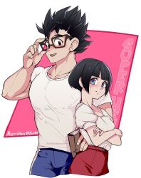 Rule 34 | 1boy, 1girl, black eyes, black hair, blue eyes, book, breasts, couple, dragon ball, dragonball z, glasses, happy, highres, husband and wife, medium breasts, muscular, muscular male, rozenphox, shirt, smile, son gohan, tagme, videl, white shirt