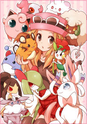 Rule 34 | 10s, 1girl, bad id, bad pixiv id, black thighhighs, blonde hair, brown eyes, carbink, chestnut mouth, chorefuji, clefairy, cottonee, creatures (company), dedenne, eyewear on head, floette, floette (red flower), game freak, gen 1 pokemon, gen 2 pokemon, gen 3 pokemon, gen 5 pokemon, gen 6 pokemon, hat, jigglypuff, kirlia, klefki, long hair, marill, mawile, nintendo, open mouth, pleated skirt, pokemon, pokemon (creature), pokemon xy, porkpie hat, serena (pokemon), skirt, spritzee, striped, striped background, sunglasses, swirlix, sylveon, thighhighs, whimsicott