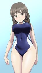 1girl blue_background blue_one-piece_swimsuit blunt_bangs braid breasts brown_eyes brown_hair closed_mouth competition_swimsuit covered_navel cowboy_shot gradient_background hanasaku_iroha highres large_breasts looking_at_viewer one-piece_swimsuit oshimizu_nako solo split_mouth standing swimsuit twin_braids vierosky