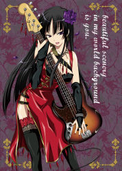 Rule 34 | 00s, 1girl, akiyama mio, bass guitar, black hair, breasts, bridal gauntlets, china dress, chinese clothes, cleavage, dress, english text, engrish text, fender (company), fender jazz bass, flower, garter straps, gloves, guitar, hair flower, hair ornament, instrument, inui sekihiko, jewelry, k-on!, large breasts, lips, long hair, nail polish, necklace, purple eyes, ranguage, red nails, rose, side slit, solo, thighhighs