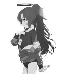 Rule 34 | 1girl, blue archive, bottle, breasts, buruma, from side, greyscale, hair between eyes, halo, holding, holding bottle, id card, jacket, long hair, long sleeves, machico maki, medium breasts, monochrome, official alternate costume, open clothes, open jacket, parted lips, ponytail, profile, shirt, simple background, solo, sportswear, star (symbol), very long hair, water bottle, yuuka (blue archive), yuuka (track) (blue archive)