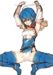 Rule 34 | 1girl, ahoge, armor, armpits, arms up, bdsm, belt, blue eyes, blue hair, blush, bondage, boots, bound, bound wrists, branch (blackrabbits), cameltoe, catria (fire emblem), clenched teeth, dress, elbow gloves, fire emblem, fire emblem: mystery of the emblem, fire emblem heroes, gloves, nintendo, panties, pegasus knight uniform (fire emblem), restrained, short hair, simple background, solo, spread legs, sweat, teeth, thigh boots, thighhighs, torn clothes, torn dress, underwear, white background, white gloves, white panties