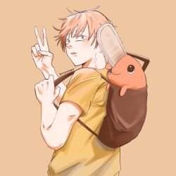 Rule 34 | 1boy, absurdres, backpack, bag, chainsaw man, commentary, denji (chainsaw man), eyebrows hidden by hair, from behind, highres, looking at viewer, male focus, orange eyes, orange hair, pastepiphany, pochita (chainsaw man), shirt, solo, t-shirt, v, yellow shirt
