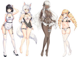 Rule 34 | 4girls, :d, absurdres, ahoge, animal ear fluff, animal ears, apron, arm garter, arm up, bare legs, bare shoulders, barefoot, bikini, black bikini, black bow, black footwear, black hair, black panties, black shirt, blonde hair, blue eyes, blunt bangs, bow, breasts, bridal garter, choker, cleavage, collar, commentary request, dark-skinned female, dark elf, dark skin, drill hair, elf, fang, frilled apron, frilled bow, frilled choker, frilled collar, frilled shirt, frills, full body, garter straps, gluteal fold, green eyes, hair between eyes, hair bow, halterneck, high heels, highres, huge filesize, large breasts, lillly, long hair, looking at viewer, maid, maid apron, maid bikini, maid headdress, multiple girls, navel, no shoes, open mouth, original, panties, parted lips, pointy ears, pulling own clothes, purple eyes, shirt, short hair, side-tie bikini bottom, side-tie panties, sideboob, simple background, small breasts, smile, stomach, strap pull, string bikini, swimsuit, tail, thighhighs, twin drills, unconventional maid, underwear, untied bikini, very long hair, white apron, white background, white bikini, white choker, white collar, white hair, white legwear, yellow eyes